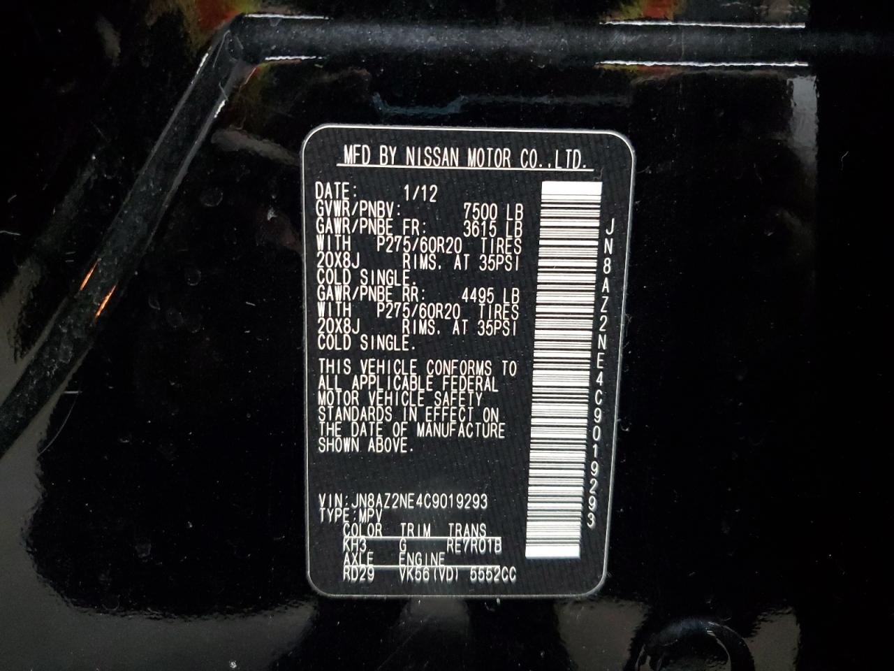 2012 Infiniti Qx56 VIN: JN8AZ2NE4C9019293 Lot: 91689035