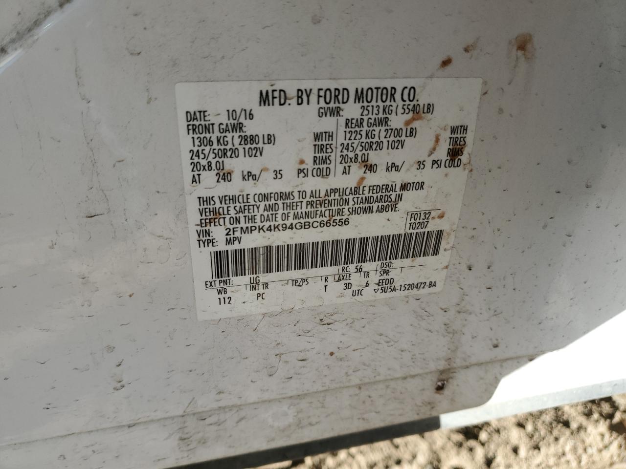 2016 Ford Edge Titanium VIN: 2FMPK4K94GBC66556 Lot: 91731005