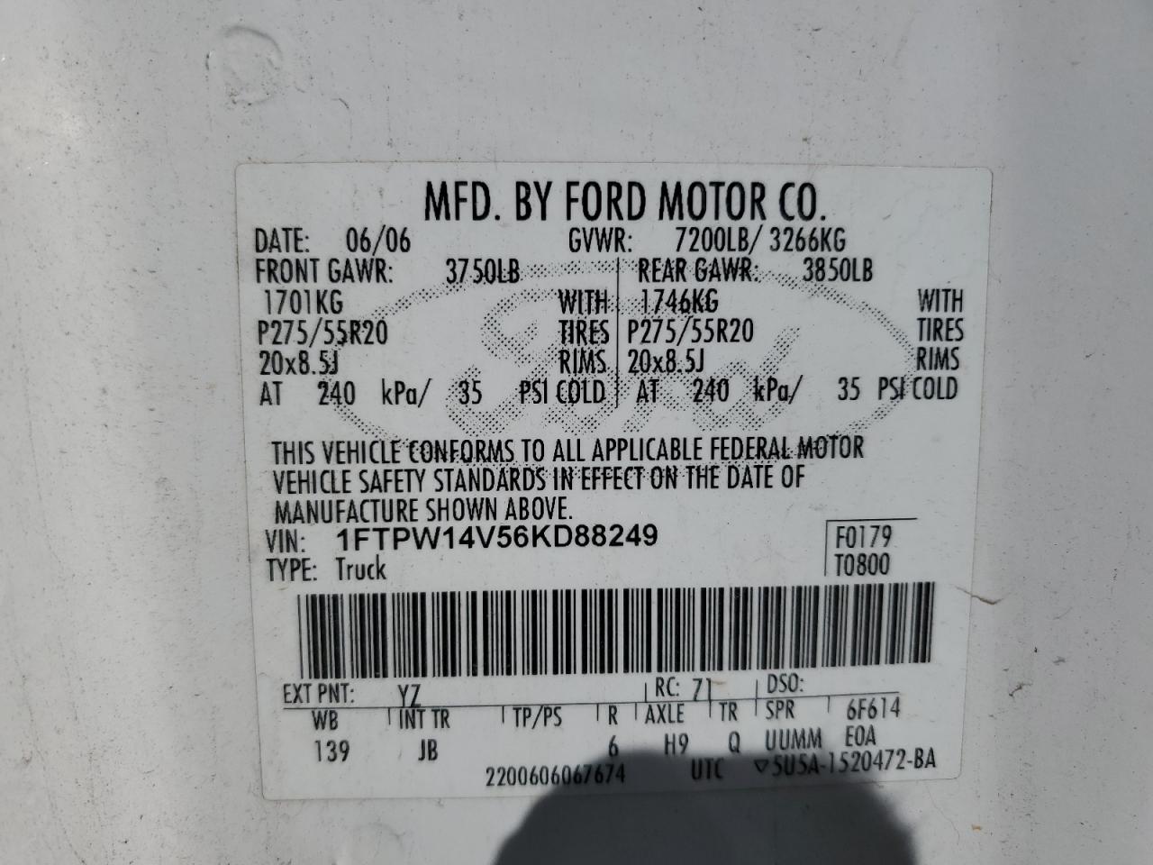 2006 Ford F150 Supercrew VIN: 1FTPW14V56KD88249 Lot: 90868625