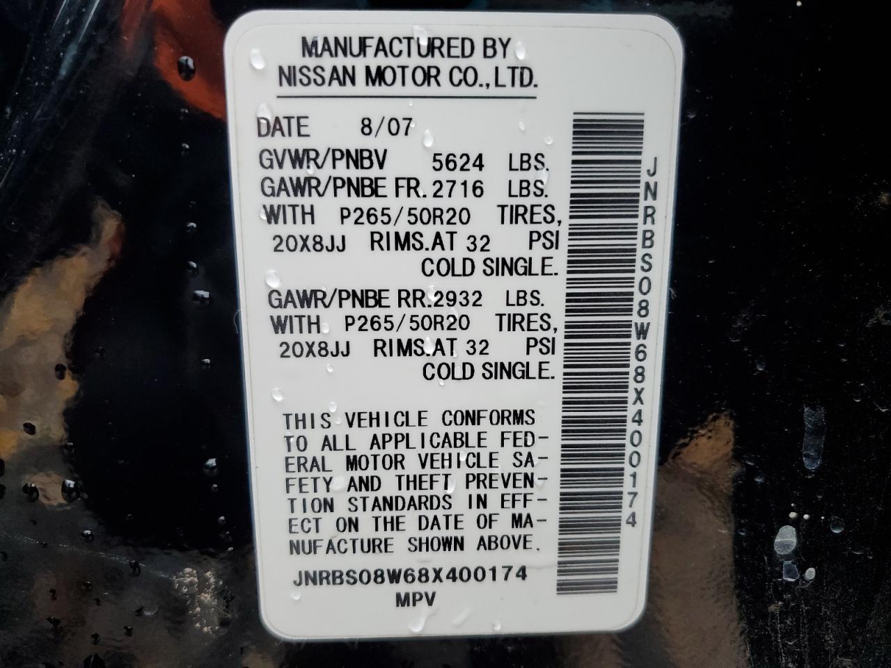 2008 Infiniti Fx45 VIN: JNRBS08W68X400174 Lot: 91847885