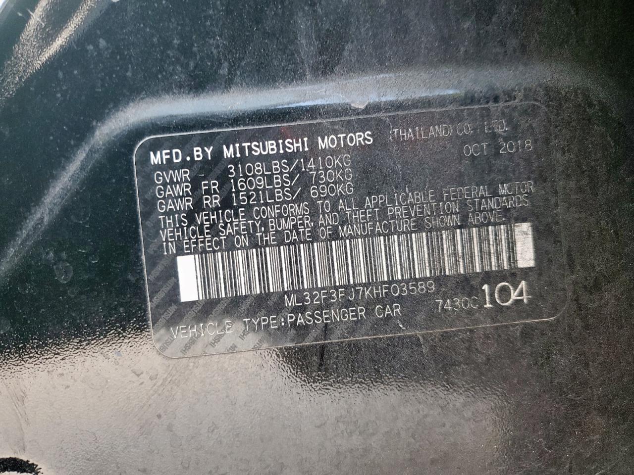 2019 Mitsubishi Mirage G4 Es VIN: ML32F3FJ7KHF03589 Lot: 91285955