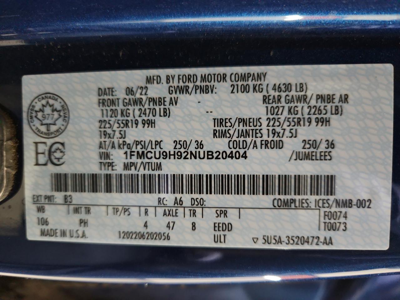 2022 Ford Escape Sel VIN: 1FMCU9H92NUB20404 Lot: 93009385