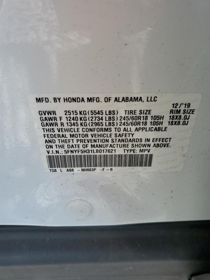 2020 Honda Pilot Ex VIN: 5FNYF5H31LB017621 Lot: 93911655