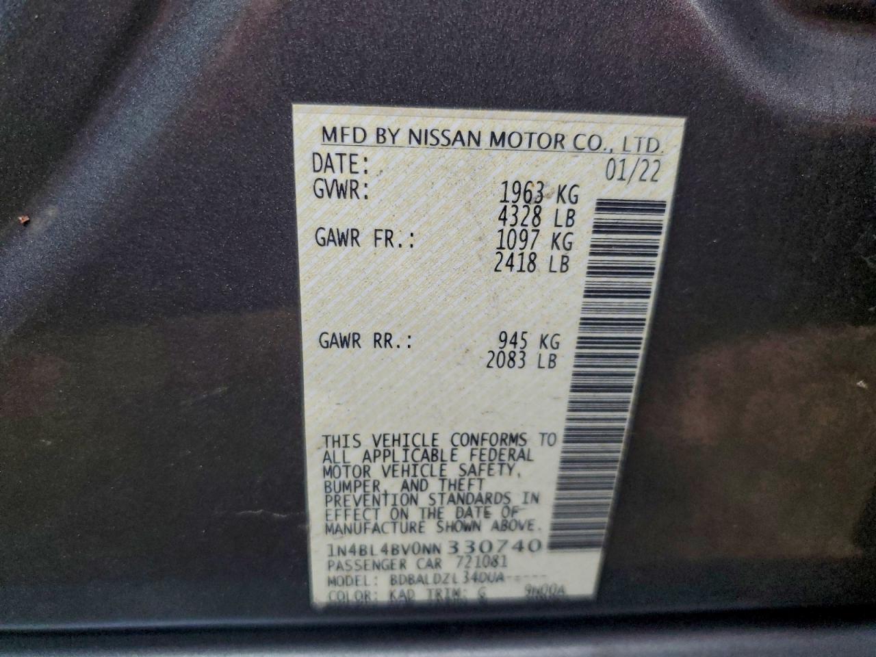 2022 Nissan Altima S VIN: 1N4BL4BV0NN330740 Lot: 94173465