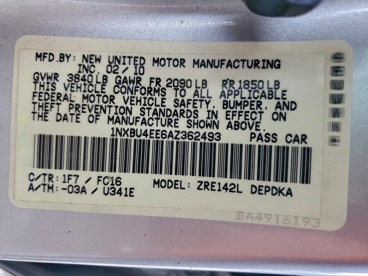 2010 Toyota Corolla Base VIN: 1NXBU4EE6AZ362493 Lot: 94036415