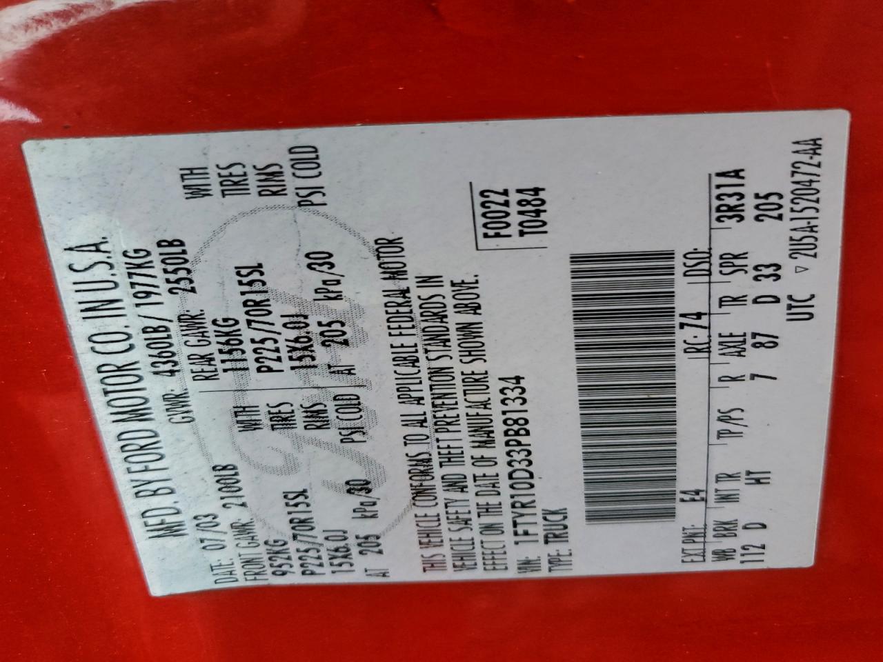 2003 Ford Ranger VIN: 1FTYR10D33PB81334 Lot: 93345735