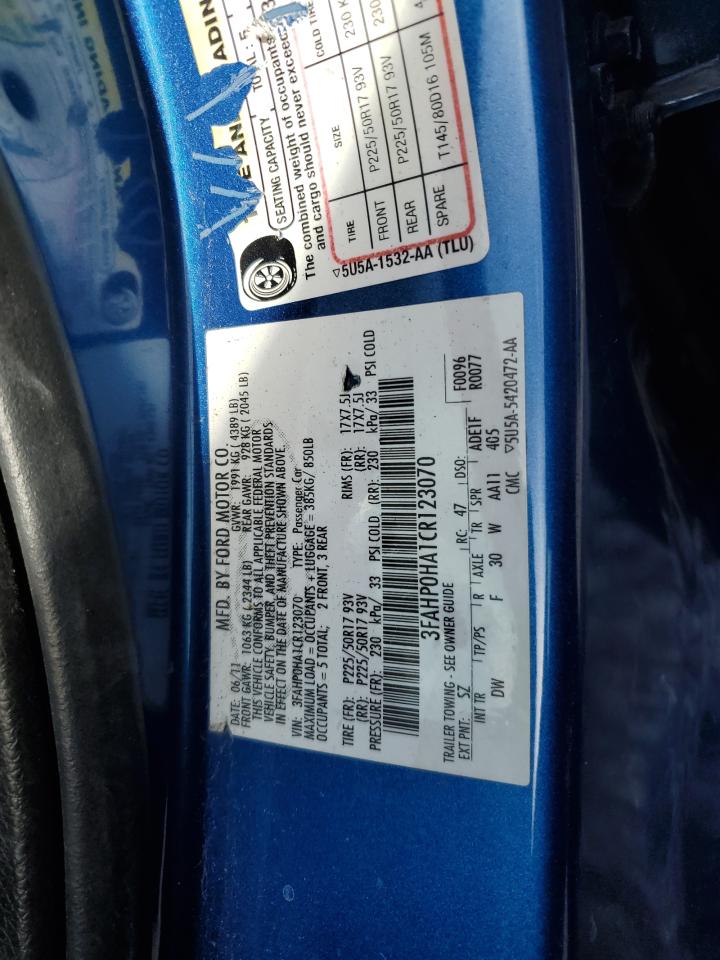 2012 Ford Fusion Se VIN: 3FAHP0HA1CR123070 Lot: 92833785