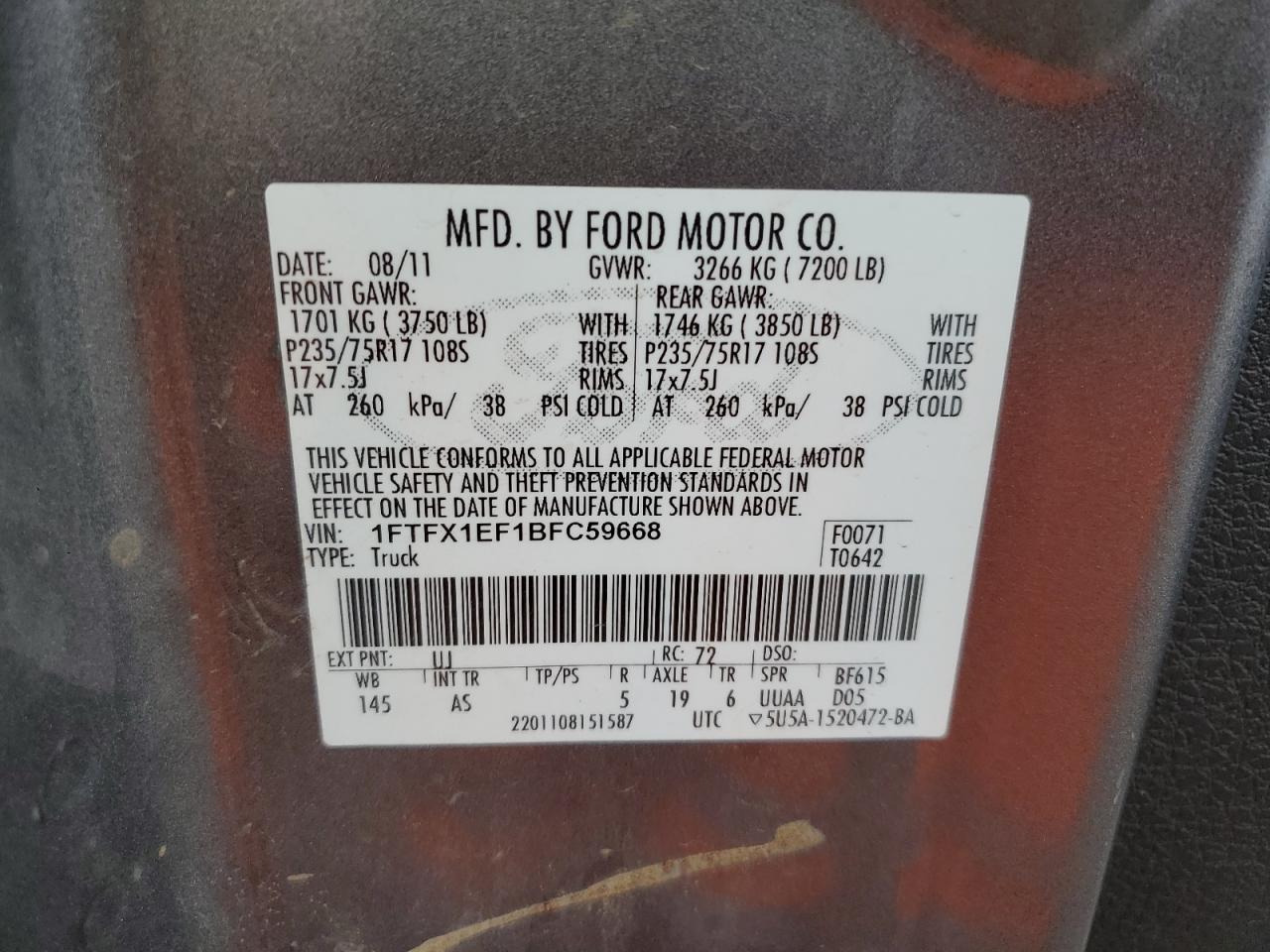 2011 Ford F150 Super Cab VIN: 1FTFX1EF1BFC59668 Lot: 91261545