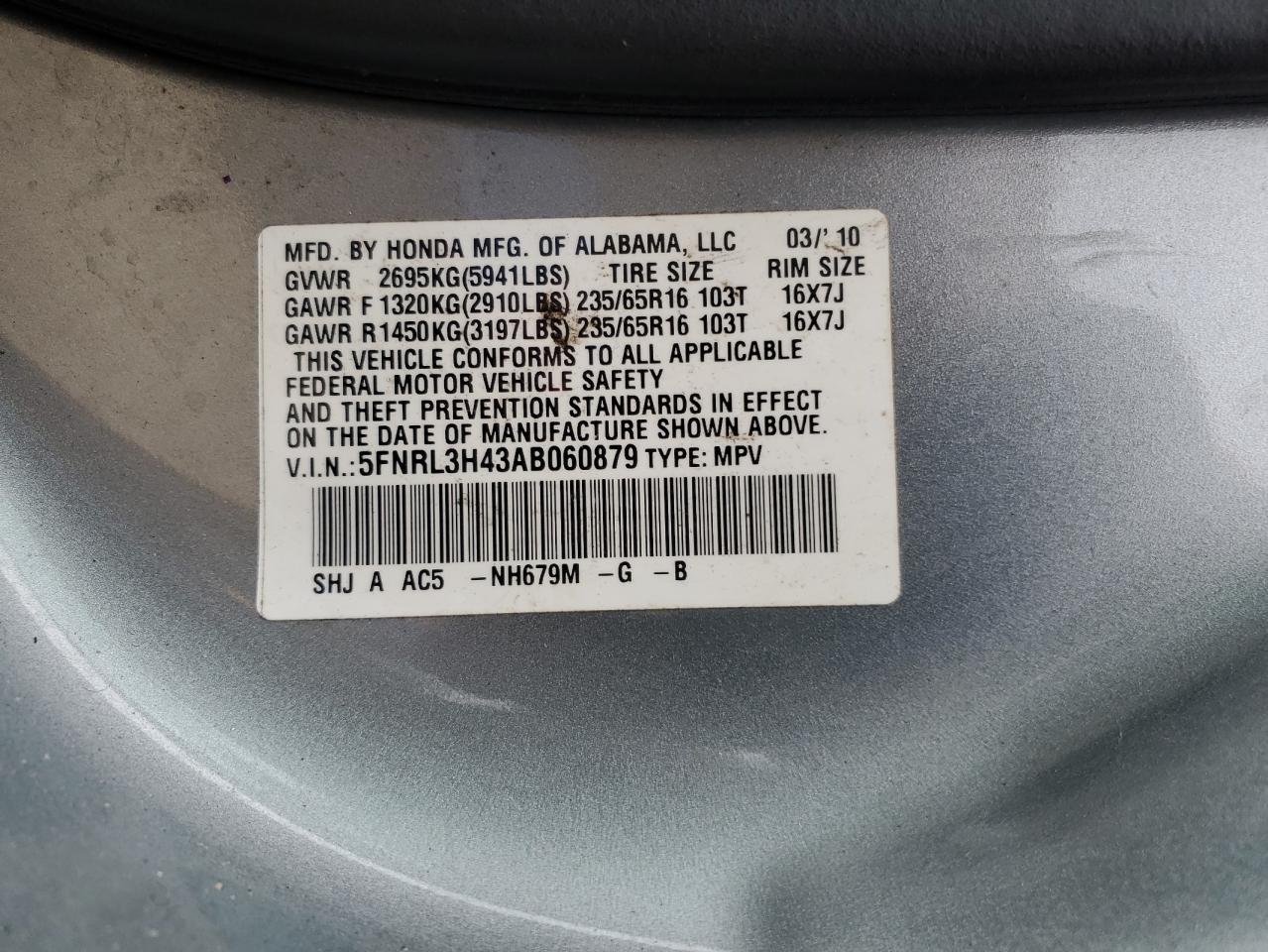 2010 Honda Odyssey Ex VIN: 5FNRL3H43AB060879 Lot: 91424915