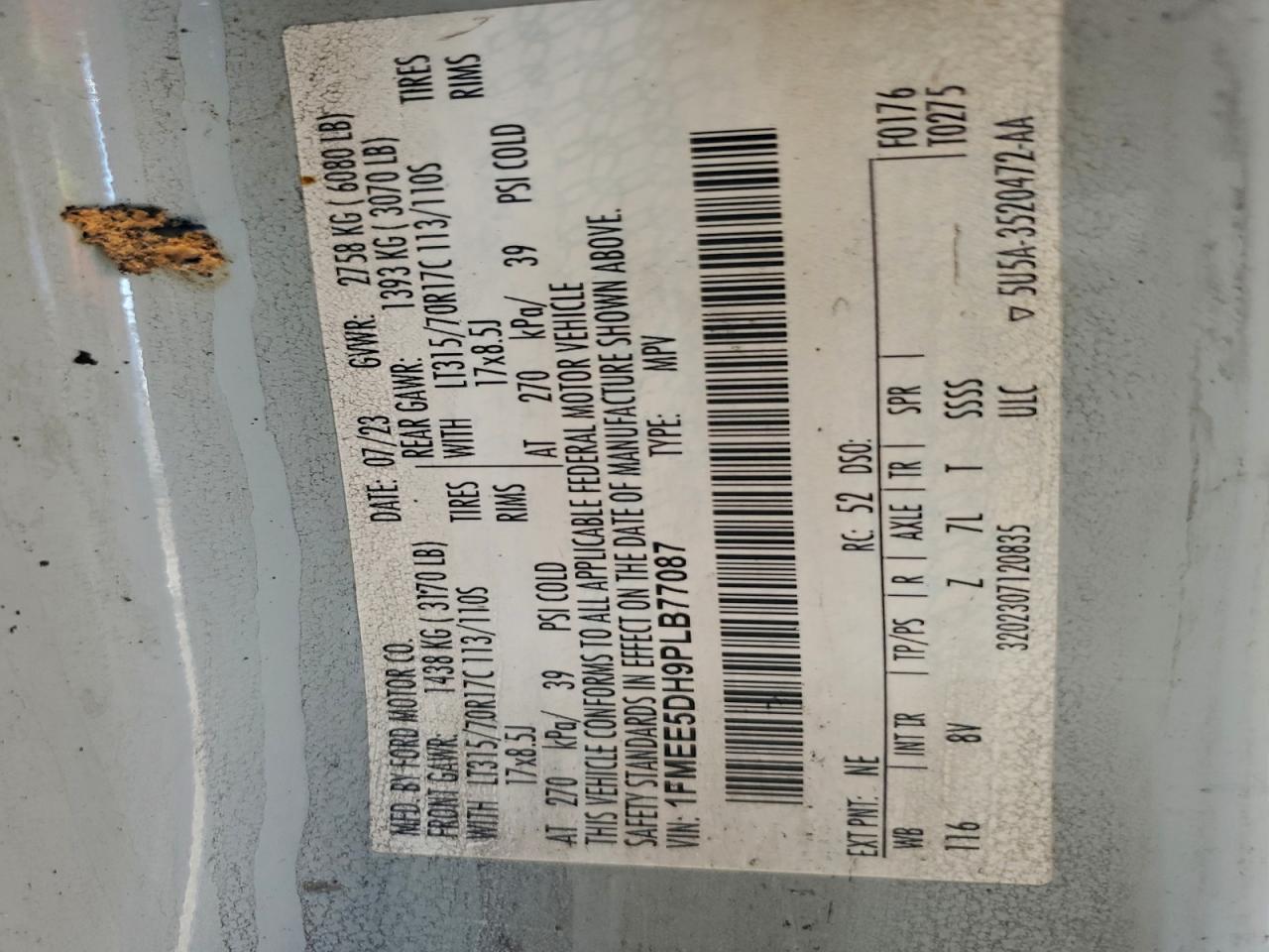 2023 Ford Bronco Base VIN: 1FMEE5DH9PLB77087 Lot: 92808295