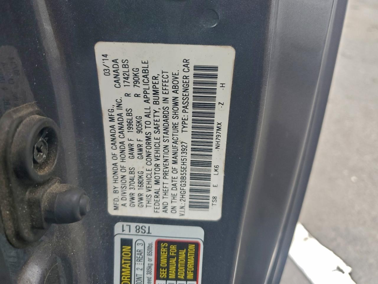 2014 Honda Civic Lx VIN: 2HGFG3B55EH513927 Lot: 94275255