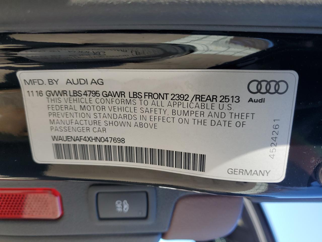 2017 Audi A4 Premium Plus VIN: WAUENAF4XHN047698 Lot: 93410035