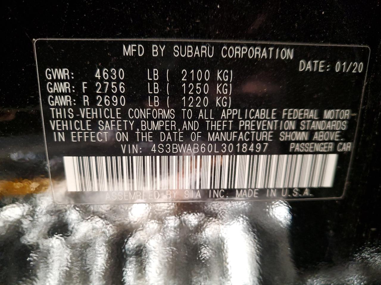 2020 Subaru Legacy VIN: 4S3BWAB60L3018497 Lot: 91464045