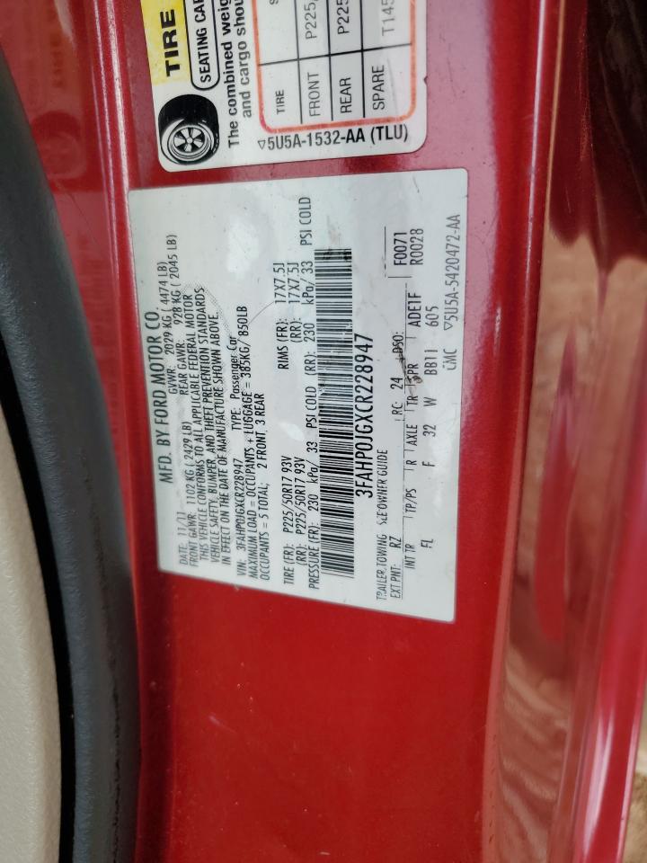 2012 Ford Fusion Sel VIN: 3FAHP0JGXCR228947 Lot: 91714835