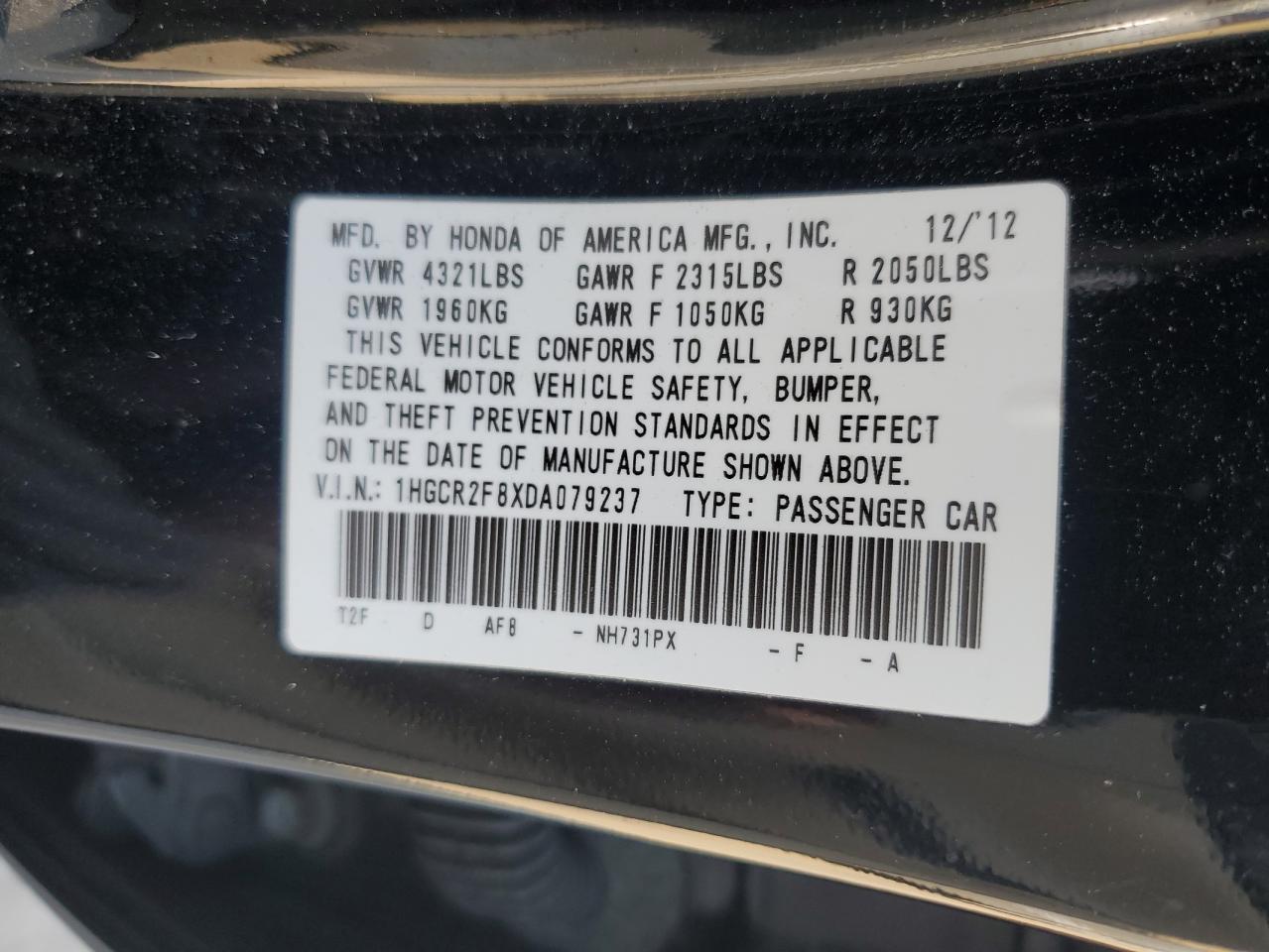 2013 Honda Accord Exl VIN: 1HGCR2F8XDA079237 Lot: 93465875