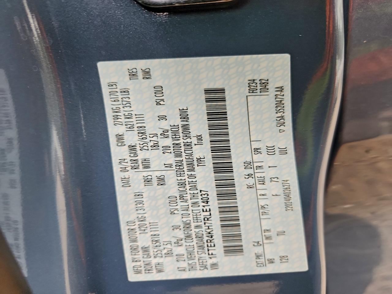 2024 Ford Ranger Lariat VIN: 1FTER4KH7RLE14037 Lot: 93673265