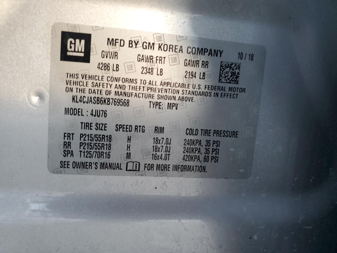 2019 Buick Encore Preferred VIN: KL4CJASB6KB769568 Lot: 91650035