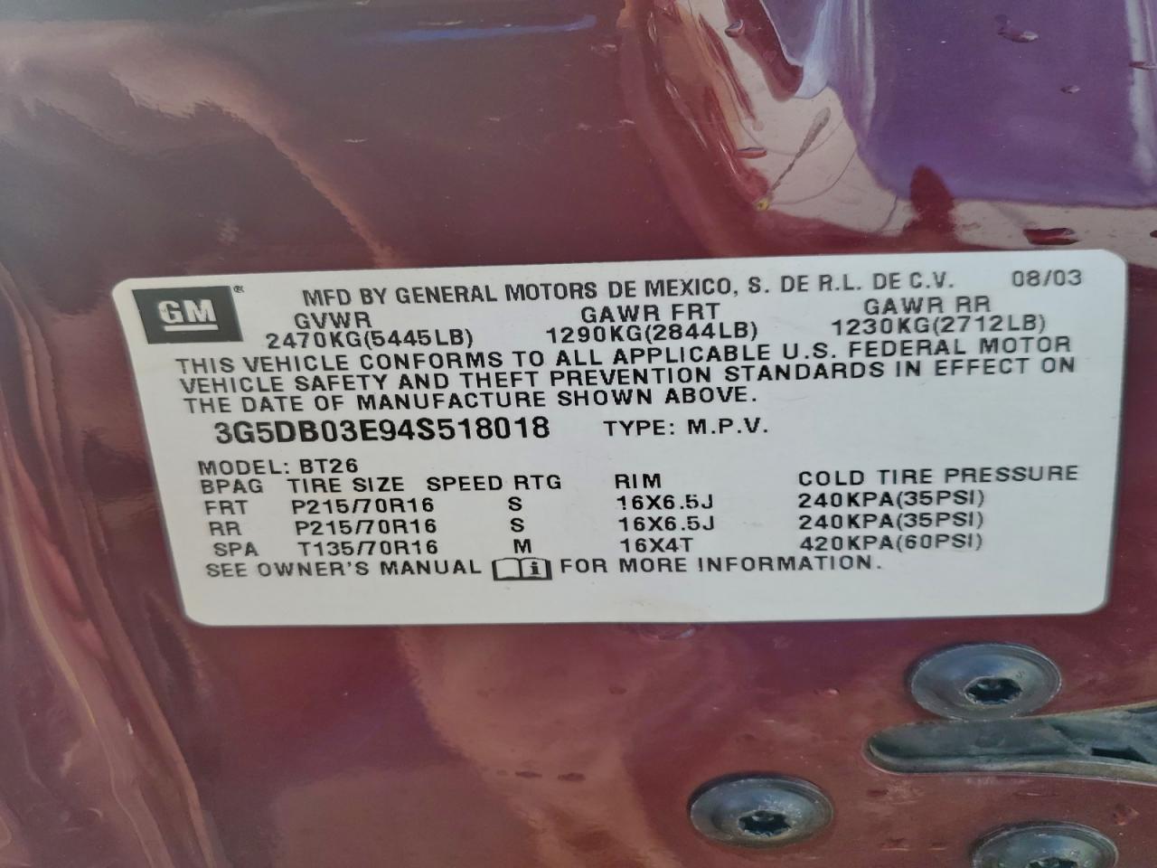 2004 Buick Rendezvous Cx VIN: 3G5DB03E94S518018 Lot: 93895615