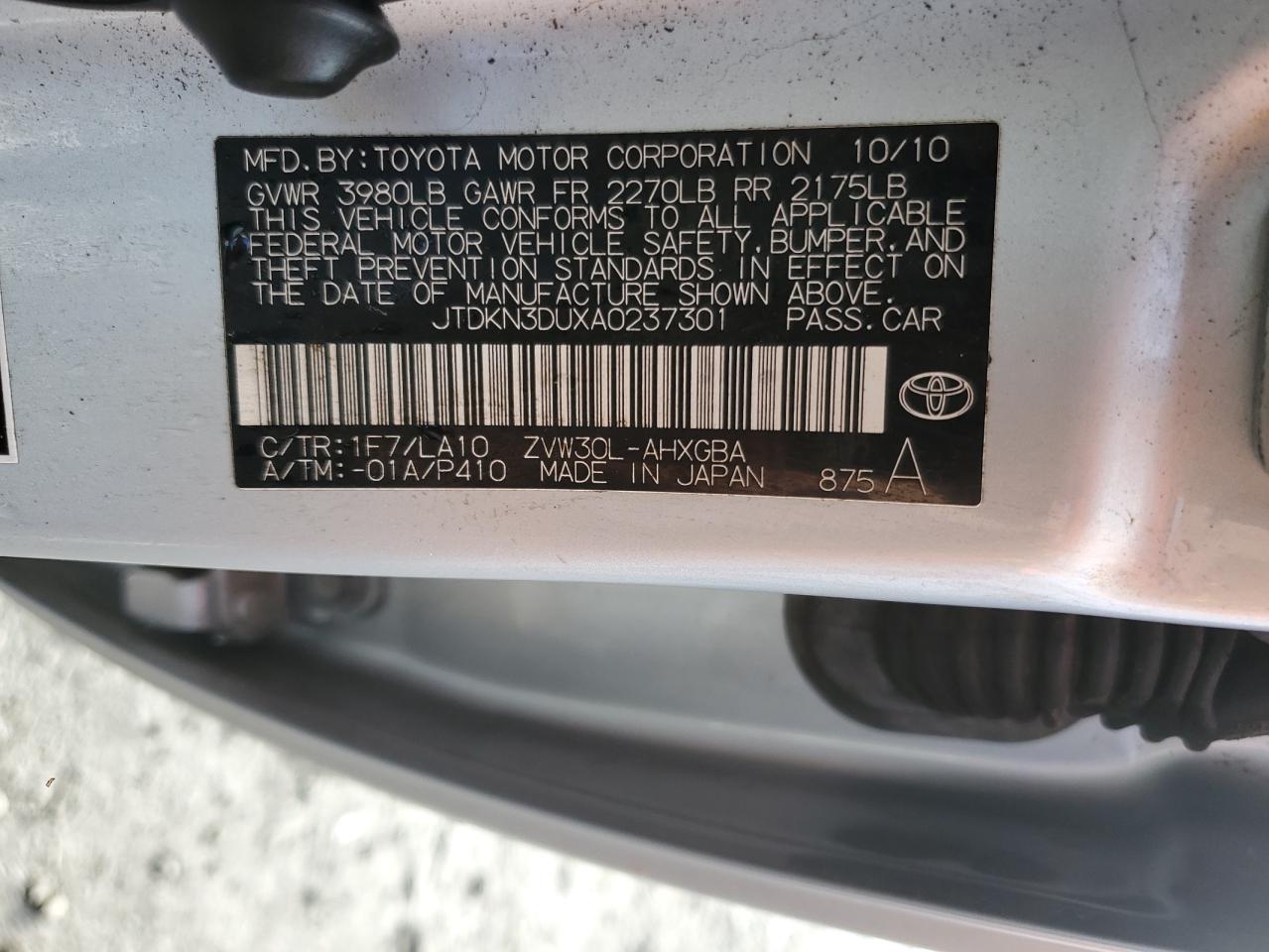 2010 Toyota Prius VIN: JTDKN3DUXA0237301 Lot: 92863145