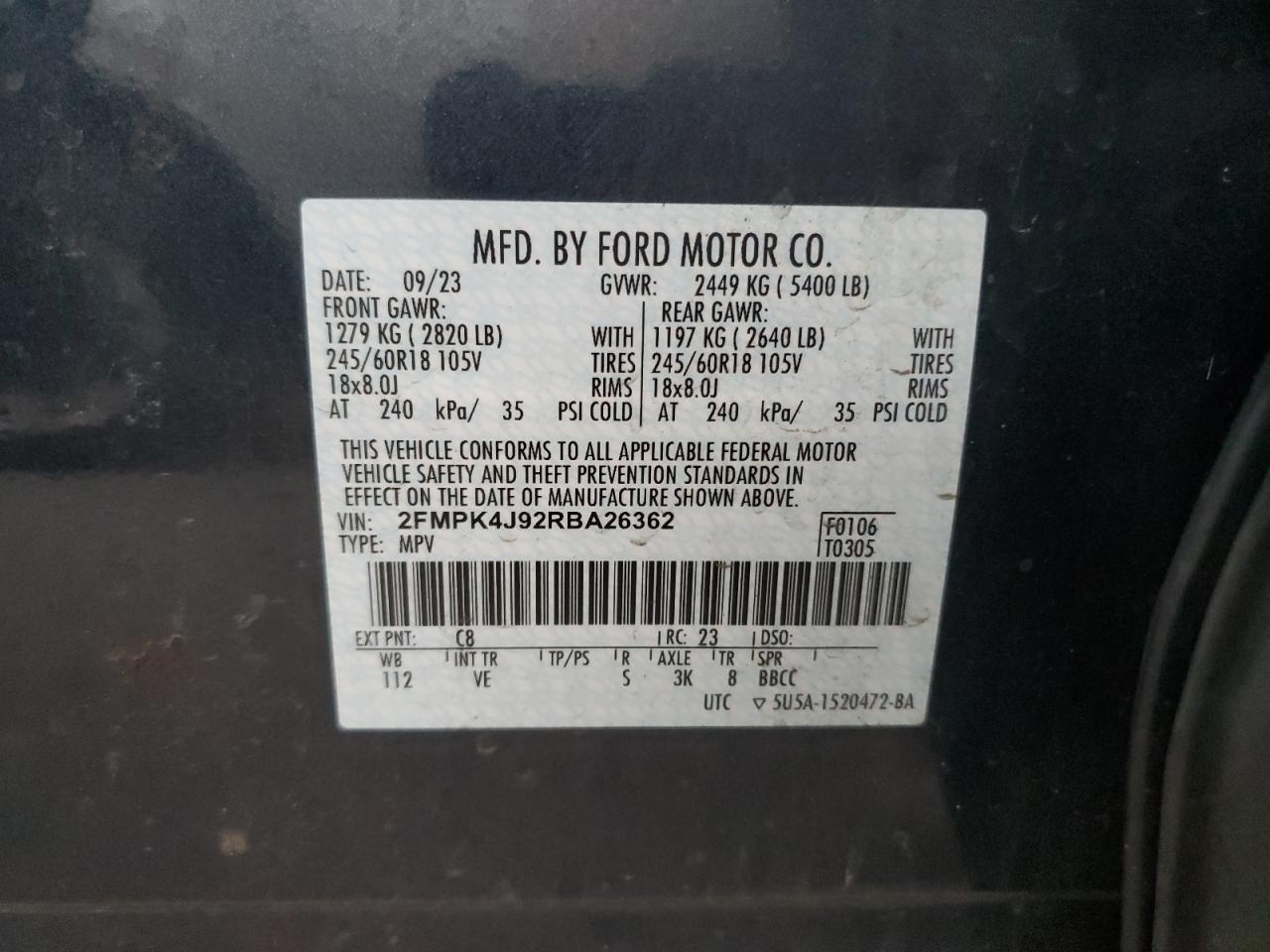 2024 Ford Edge Sel VIN: 2FMPK4J92RBA26362 Lot: 92722615