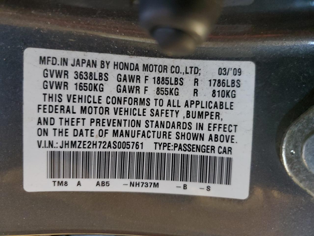 2010 Honda Insight Ex VIN: JHMZE2H72AS005761 Lot: 92449595