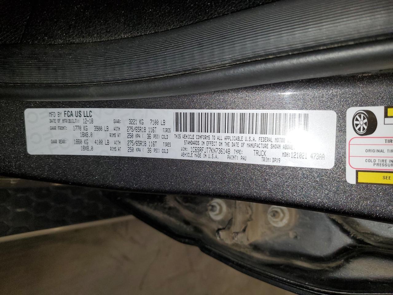 2019 Ram 1500 Laramie VIN: 1C6SRFJT7KN736148 Lot: 91296005