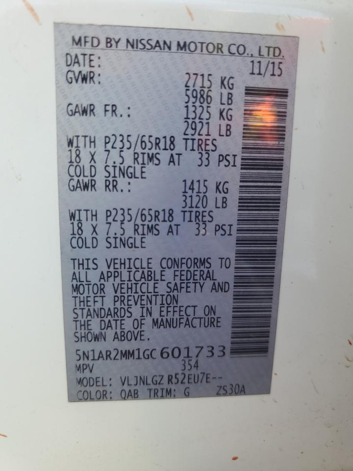 2016 Nissan Pathfinder S VIN: 5N1AR2MM1GC601733 Lot: 90853455