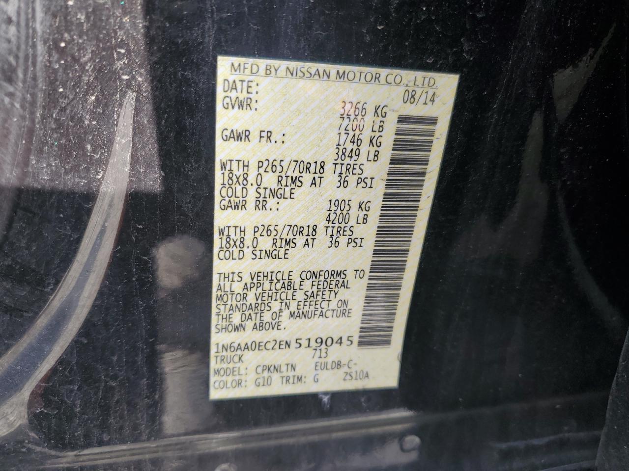 2014 Nissan Titan S VIN: 1N6AA0EC2EN519045 Lot: 92071015