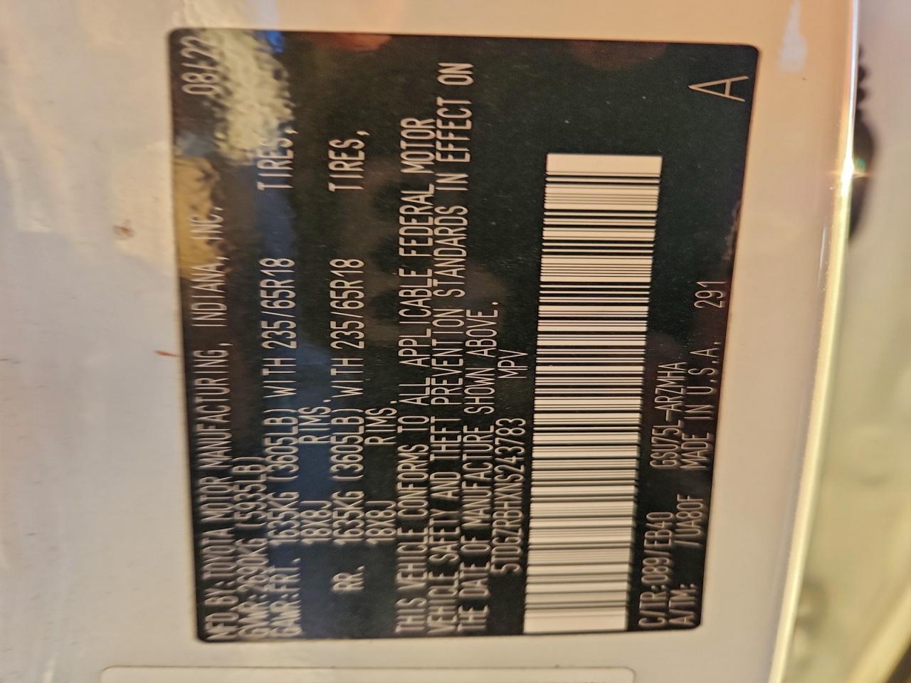 2022 Toyota Highlander Xle VIN: 5TDGZRBHXNS243783 Lot: 94400225