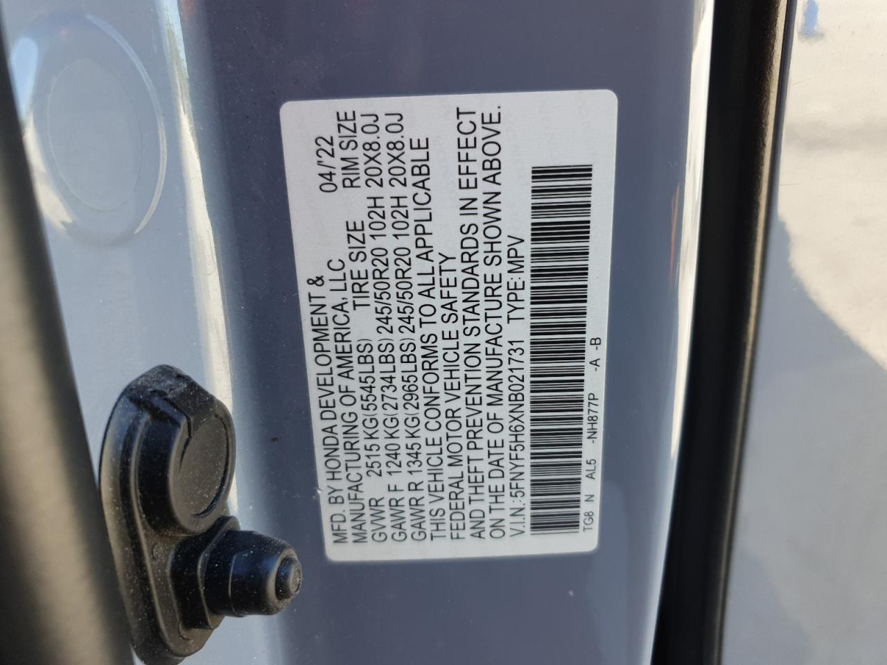 2022 Honda Pilot Touring VIN: 5FNYF5H6XNB021731 Lot: 92806545