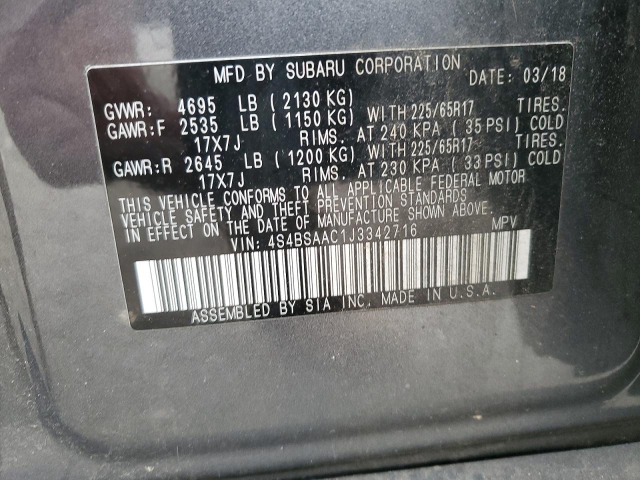 2018 Subaru Outback 2.5I VIN: 4S4BSAAC1J3342716 Lot: 91743535