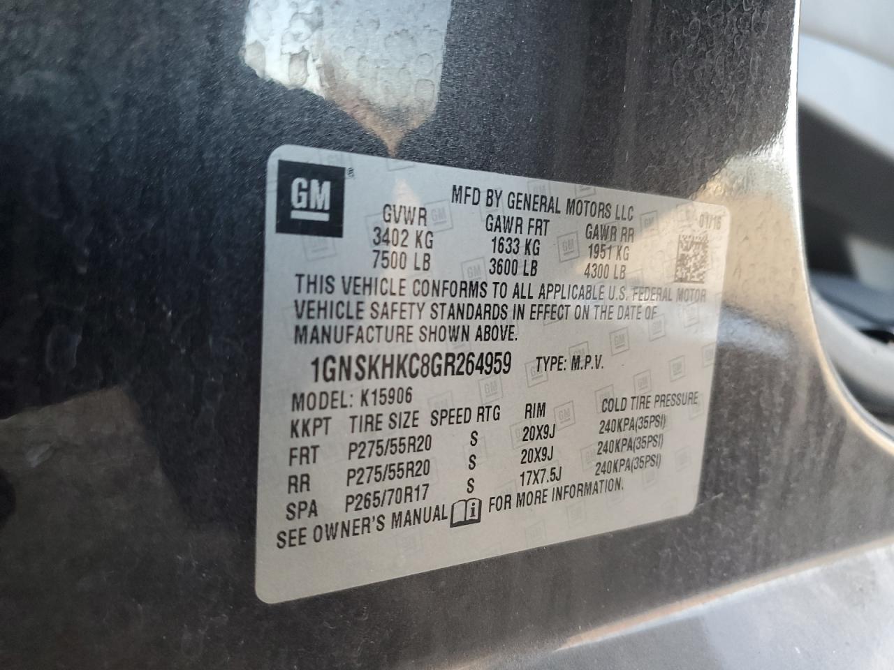 2016 Chevrolet Suburban K1500 Lt VIN: 1GNSKHKC8GR264959 Lot: 92987165