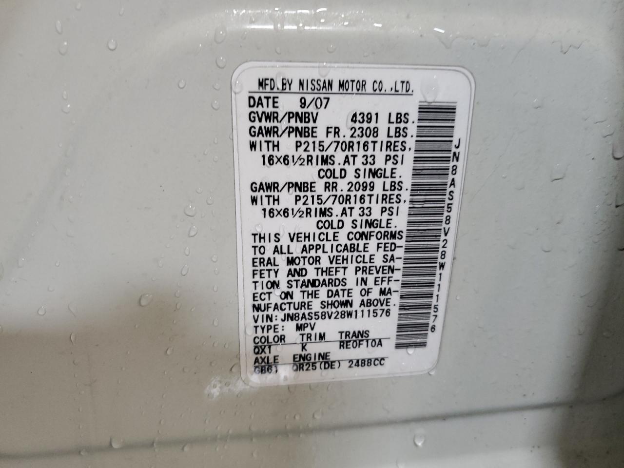 2008 Nissan Rogue S VIN: JN8AS58V28W111576 Lot: 93680565