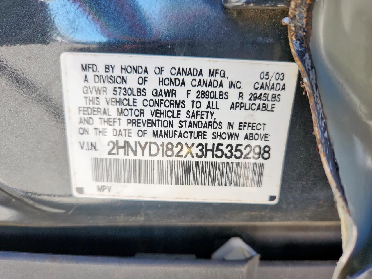 2003 Acura Mdx VIN: 2HNYD182X3H535298 Lot: 91610885