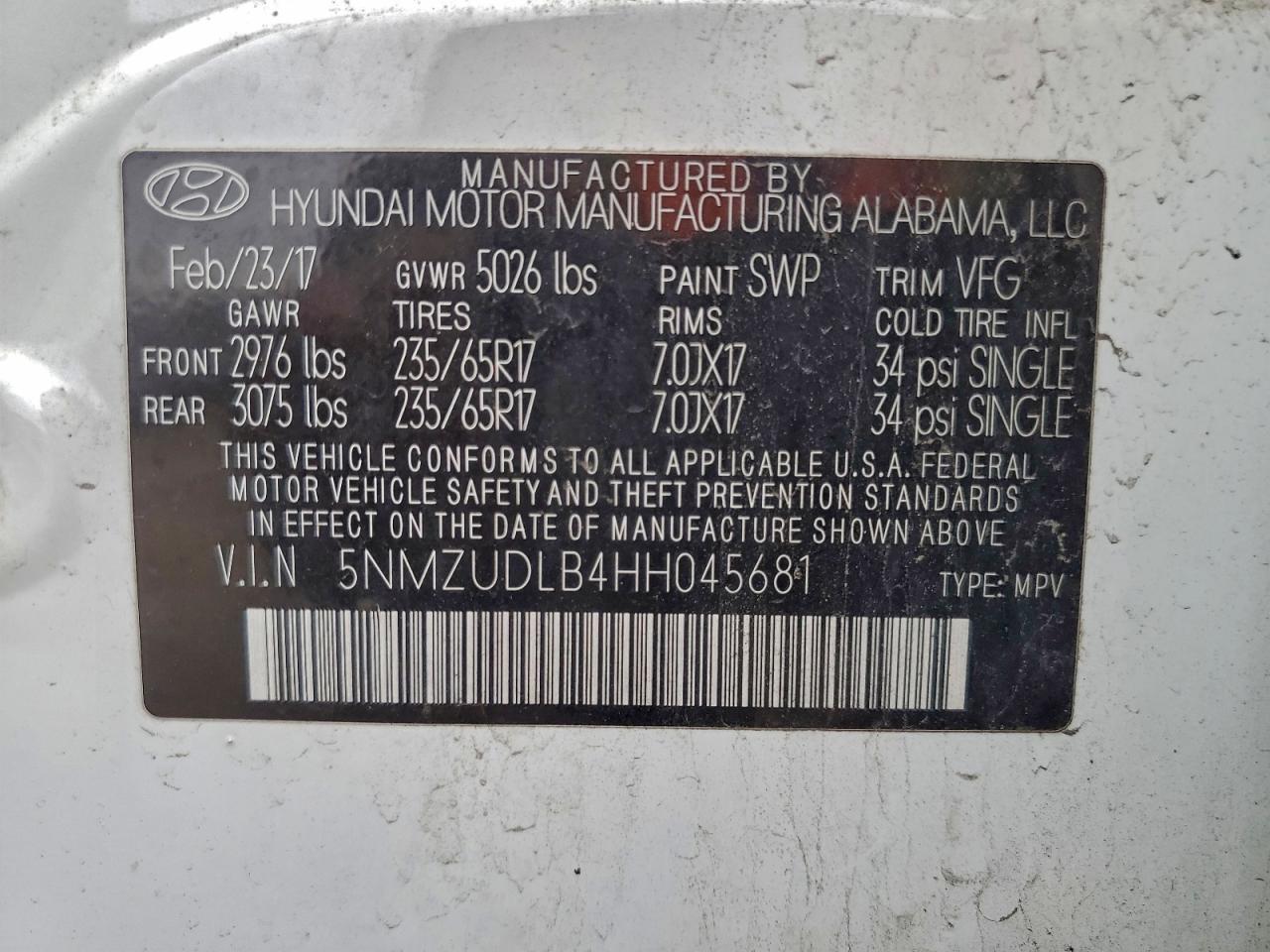 2017 Hyundai Santa Fe Sport VIN: 5NMZUDLB4HH045681 Lot: 94357005