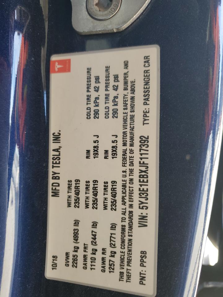 2018 Tesla Model 3 VIN: 5YJ3E1EBXJF117392 Lot: 92123395
