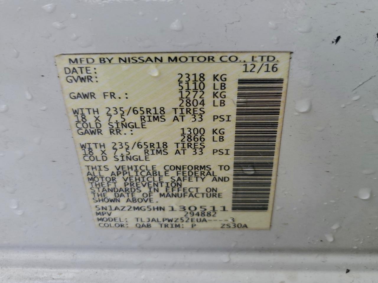 2017 Nissan Murano S VIN: 5N1AZ2MG5HN130511 Lot: 93215805