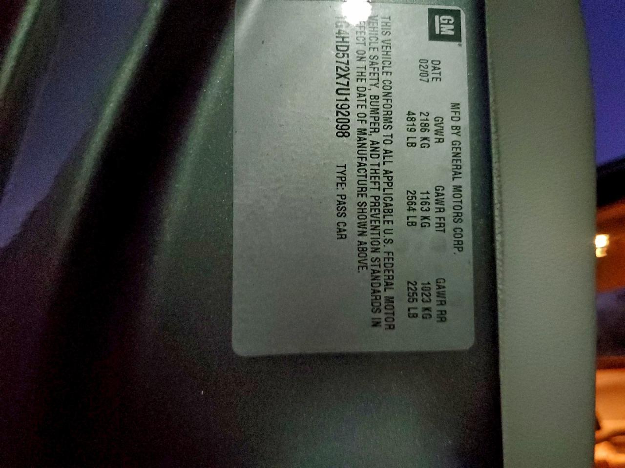 2007 Buick Lucerne Cxl VIN: 1G4HD572X7U192098 Lot: 94250245