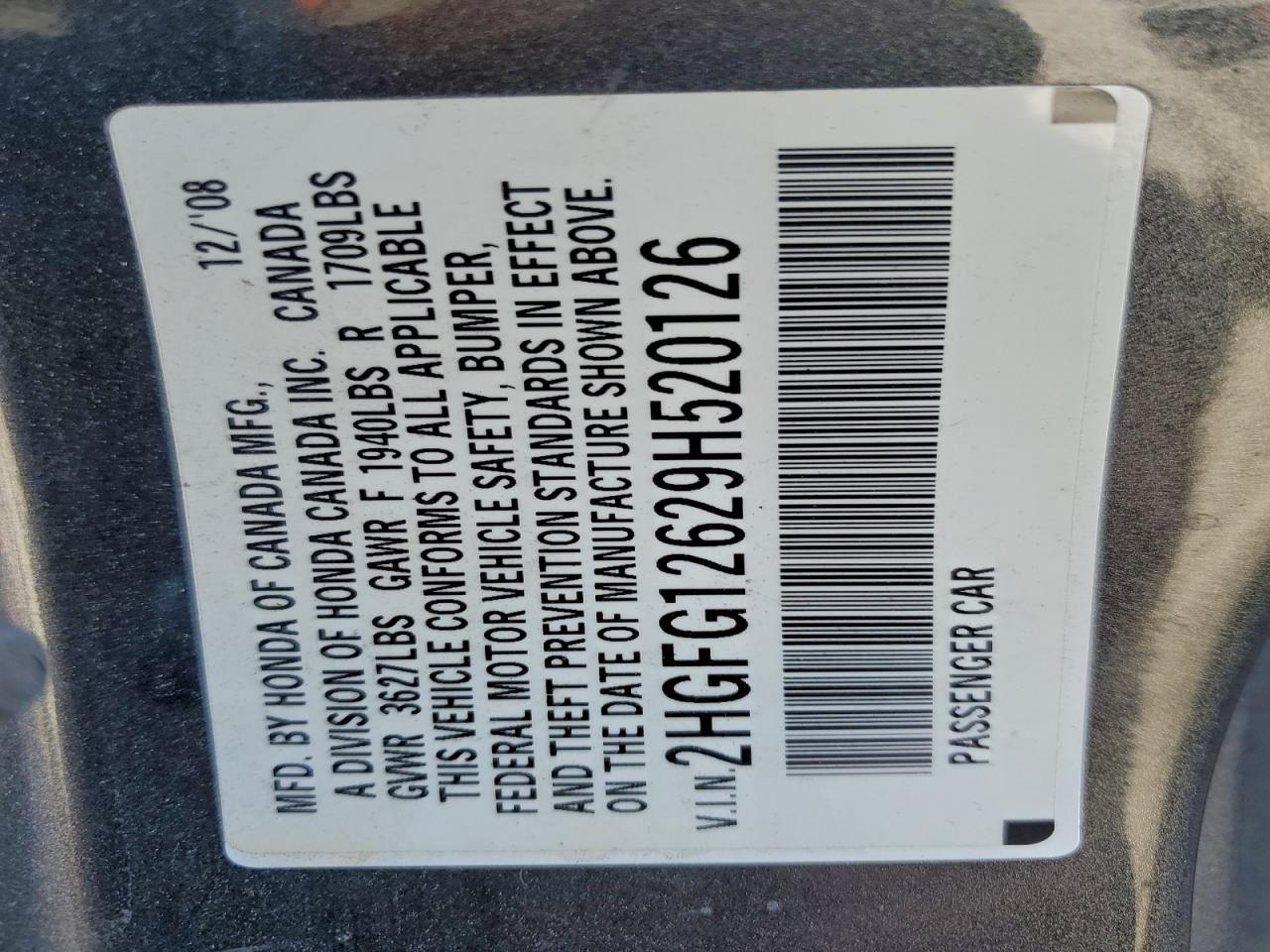2009 Honda Civic Lx VIN: 2HGFG12629H520126 Lot: 94447245