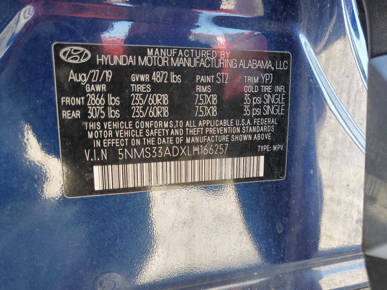 2020 Hyundai Santa Fe Sel VIN: 5NMS33ADXLH166257 Lot: 92881275