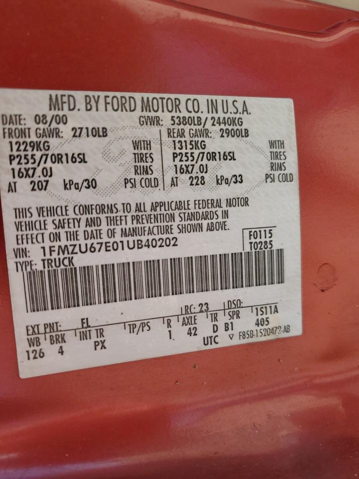 2001 Ford Explorer Sport Trac VIN: 1FMZU67E01UB40202 Lot: 91615725