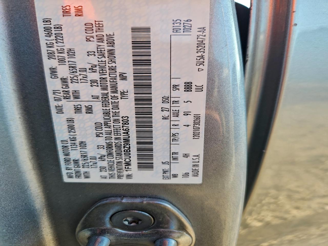 2021 Ford Escape Se VIN: 1FMCU0BZ9MUA67803 Lot: 93765085