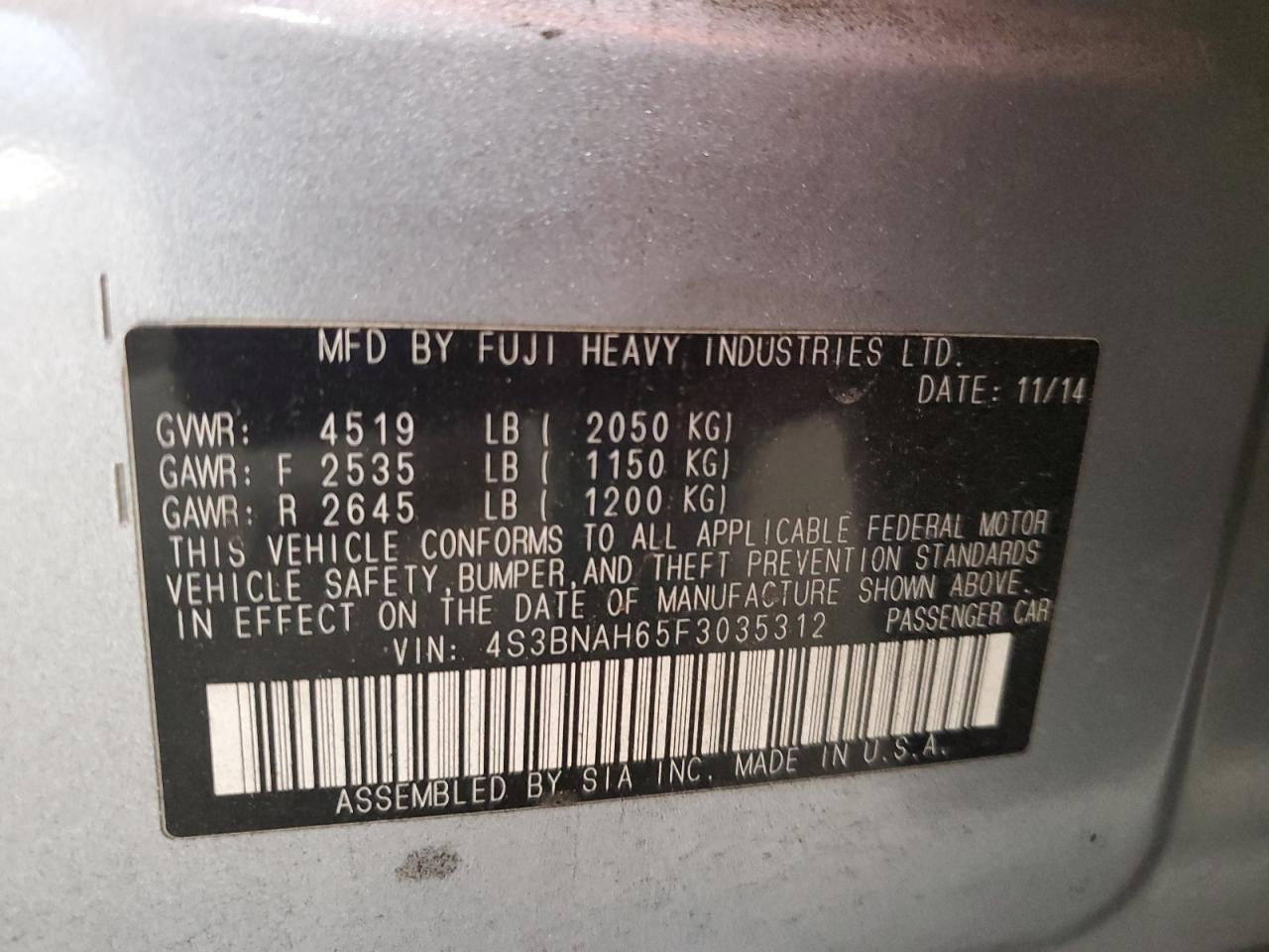 2015 Subaru Legacy 2.5I Premium VIN: 4S3BNAH65F3035312 Lot: 93093355