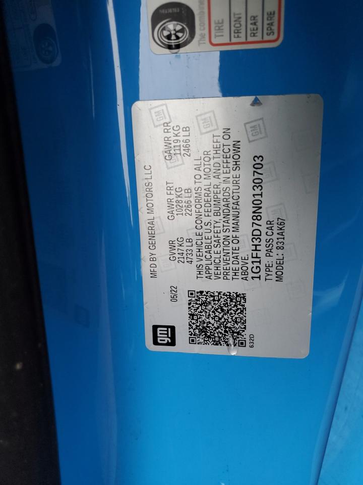 2022 Chevrolet Camaro Ss VIN: 1G1FH3D78N0130703 Lot: 93615455