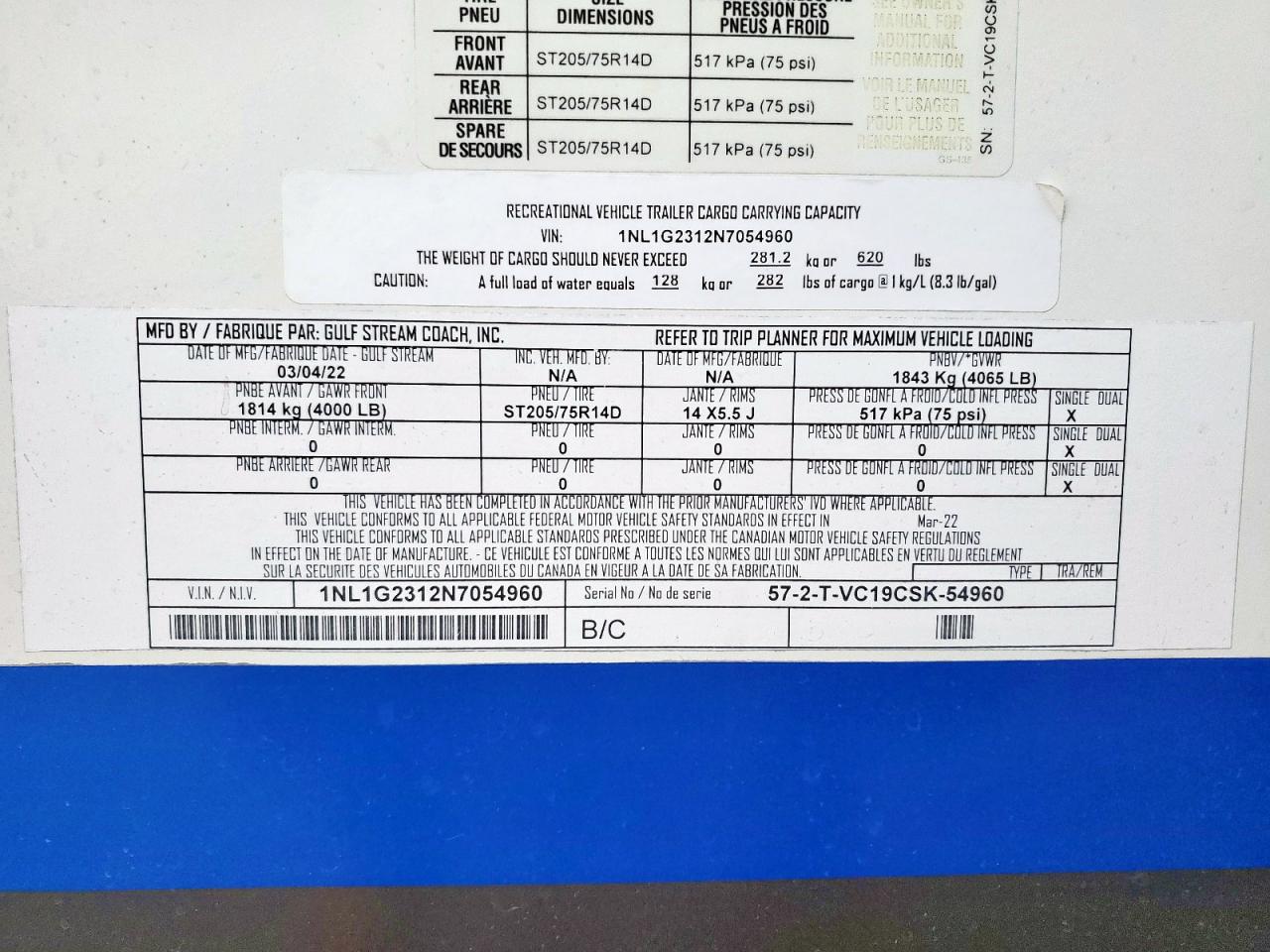 2022 Gulf Stream Gulfstream VIN: 1NL1G2312N7054960 Lot: 93737105