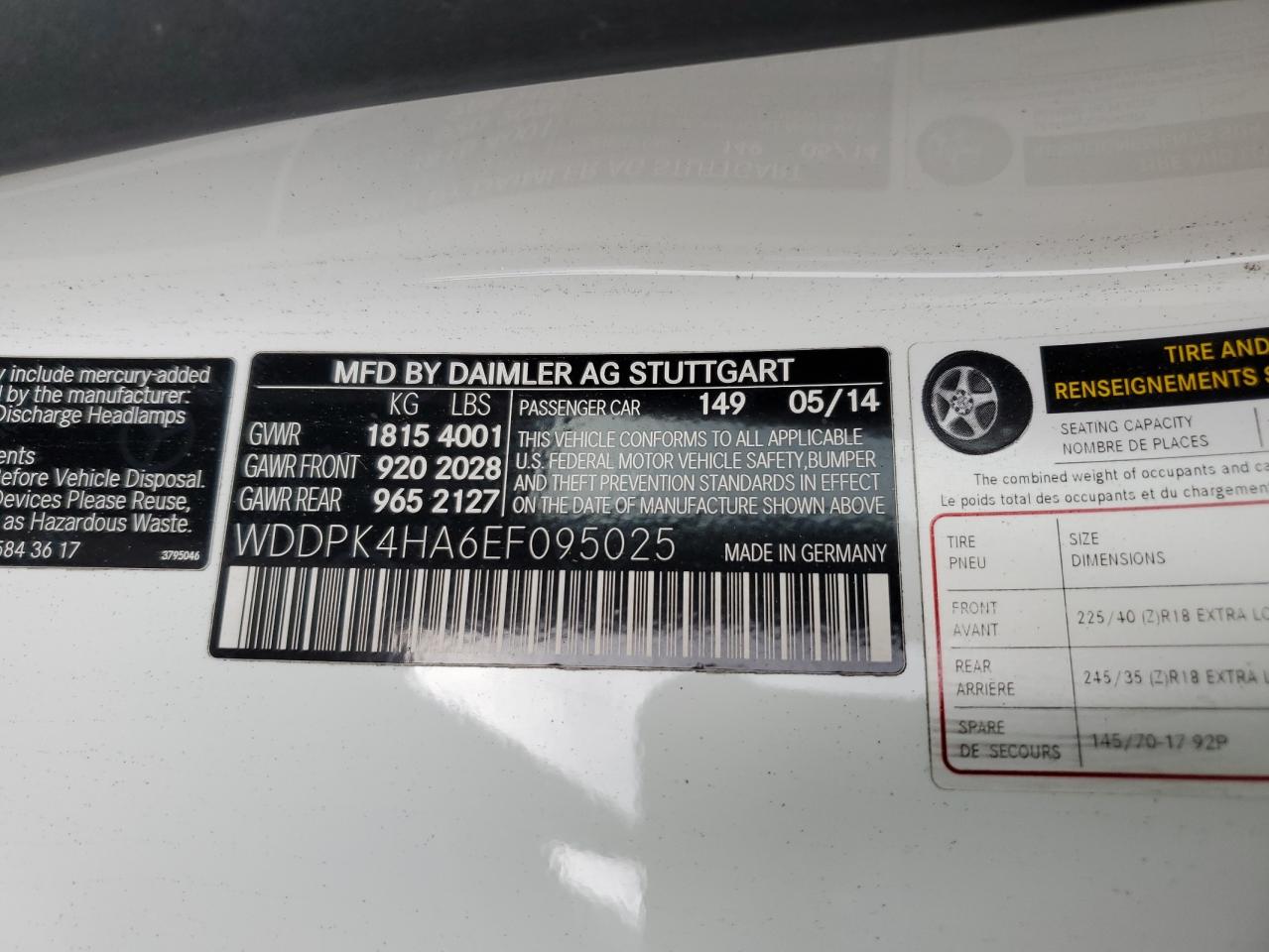 2014 Mercedes-Benz Slk 250 VIN: WDDPK4HA6EF095025 Lot: 93024215