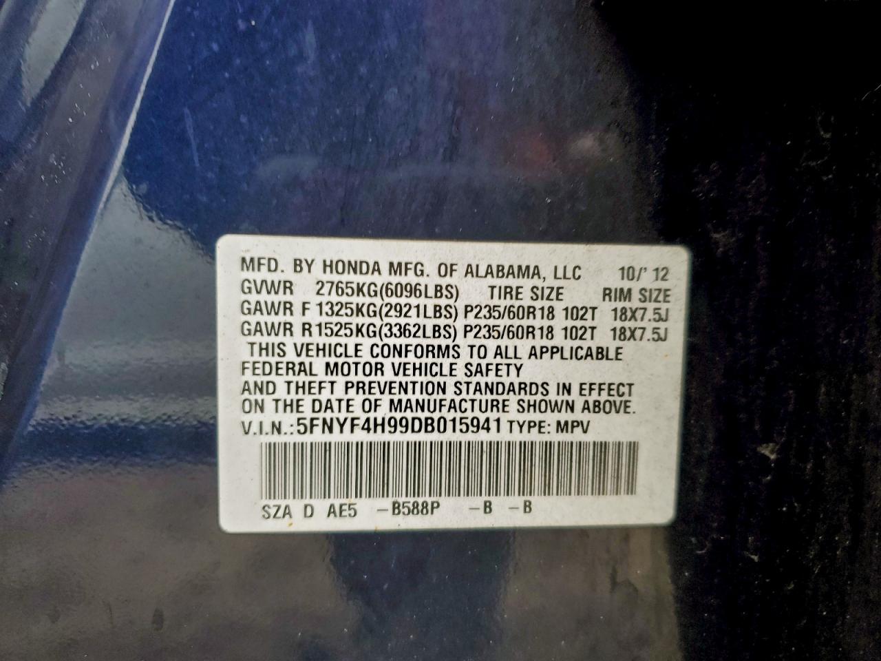 2013 Honda Pilot Touring VIN: 5FNYF4H99DB015941 Lot: 94415395