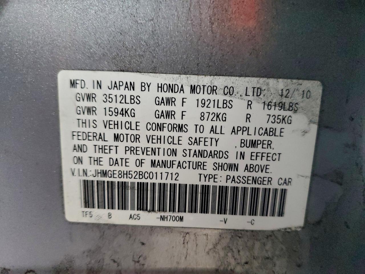 2011 Honda Fit Sport VIN: JHMGE8H52BC011712 Lot: 94168245