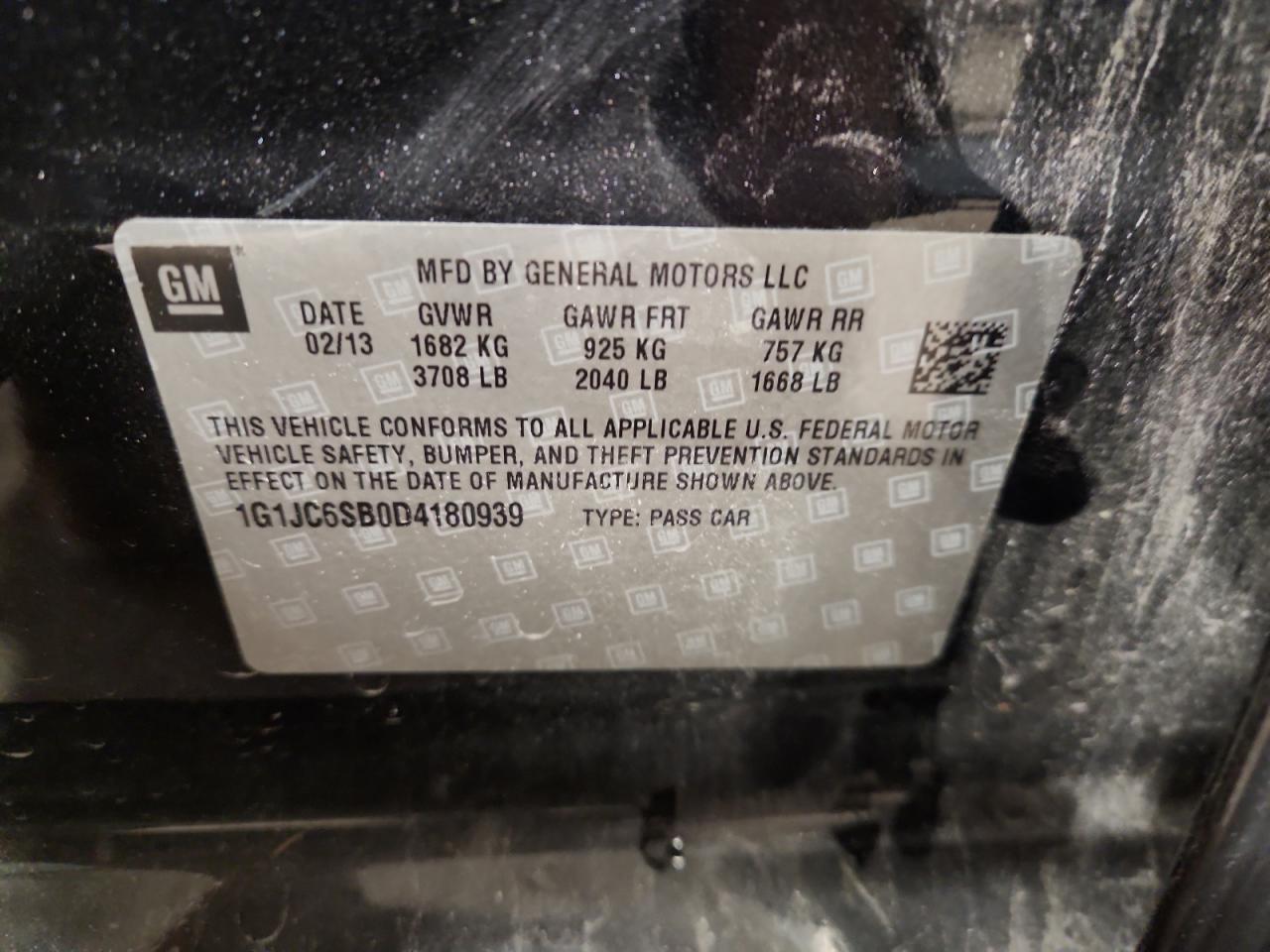 2013 Chevrolet Sonic Lt VIN: 1G1JC6SB0D4180939 Lot: 92404315