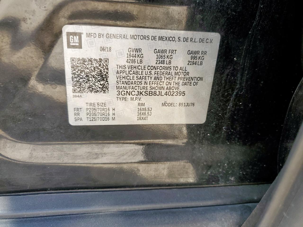 2018 Chevrolet Trax Ls VIN: 3GNCJKSB8JL402395 Lot: 92924435